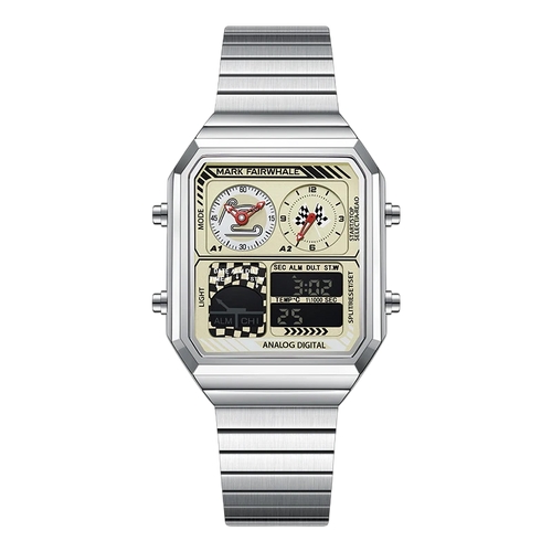 Silver watch with a detailed face on a white background