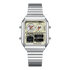 Silver watch with a detailed face on a white background