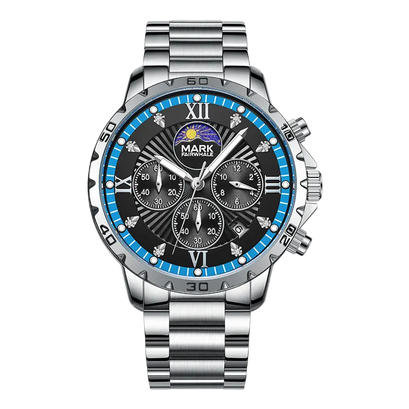 Silver watch with a detailed face on a white background