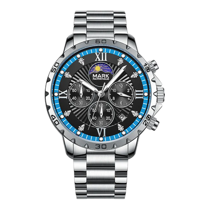Silver watch with a detailed face on a white background