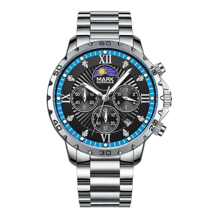 Silver watch with a detailed face on a white background