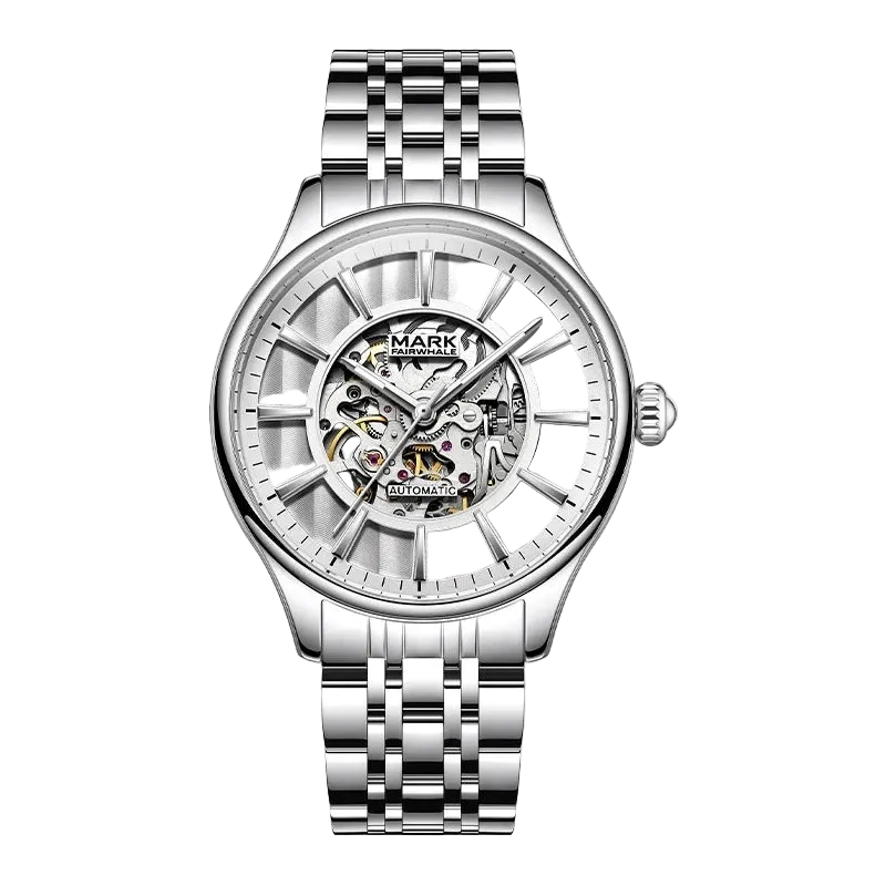 Silver watch with a detailed face on a white background