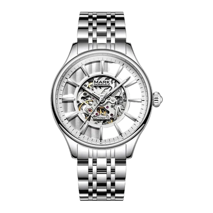 Silver watch with a detailed face on a white background