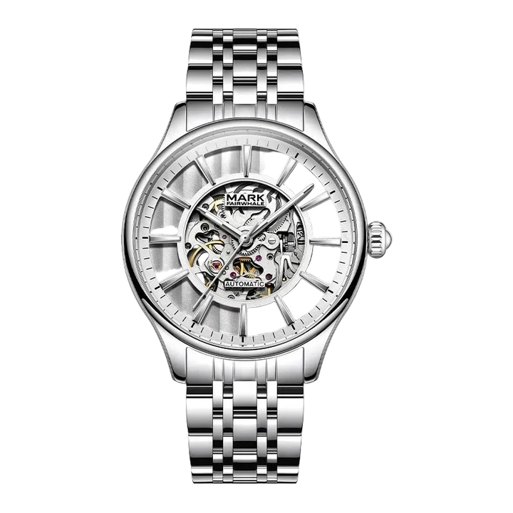 Silver watch with a detailed face on a white background