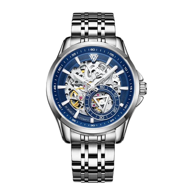 Silver watch with blue face on a white background