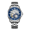 Silver watch with blue face on a white background