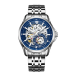 Silver watch with blue face on a white background