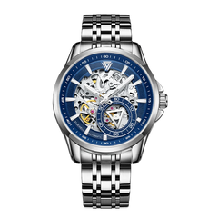 Silver watch with blue face on a white background