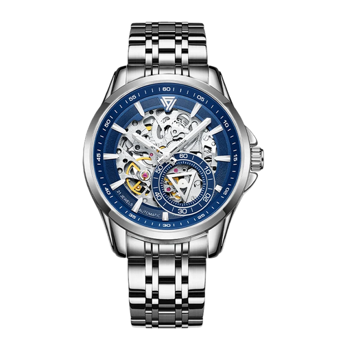 Silver watch with blue face on a white background