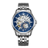 Silver watch with blue face on a white background