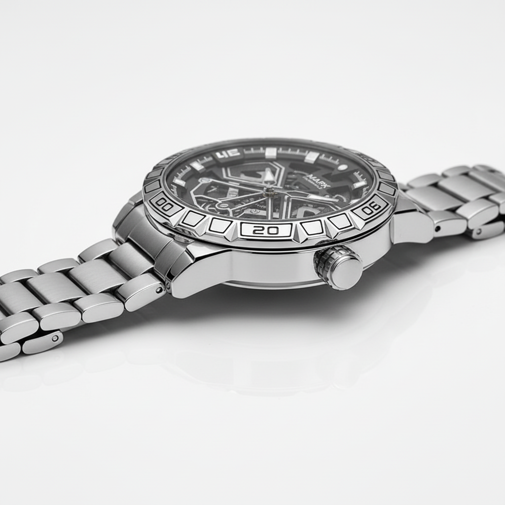 Silver watch with detailed face on a white background