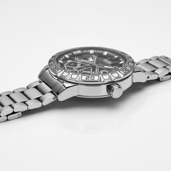 Silver watch with detailed face on a white background