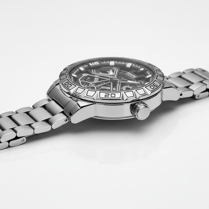 Silver watch with detailed face on a white background