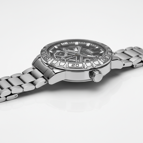 Silver watch with detailed face on a white background