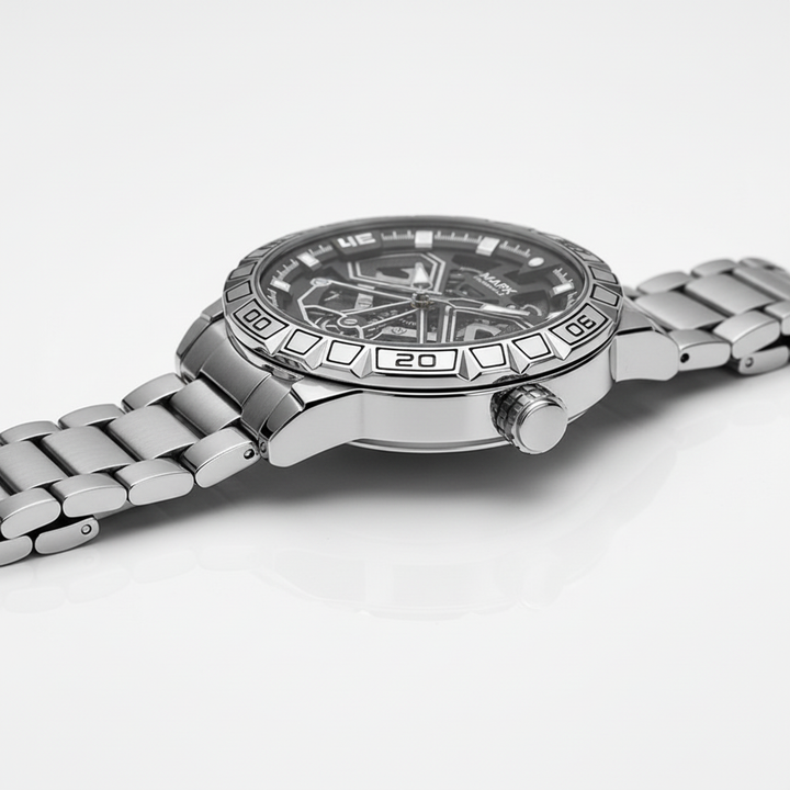 Silver watch with detailed face on a white background