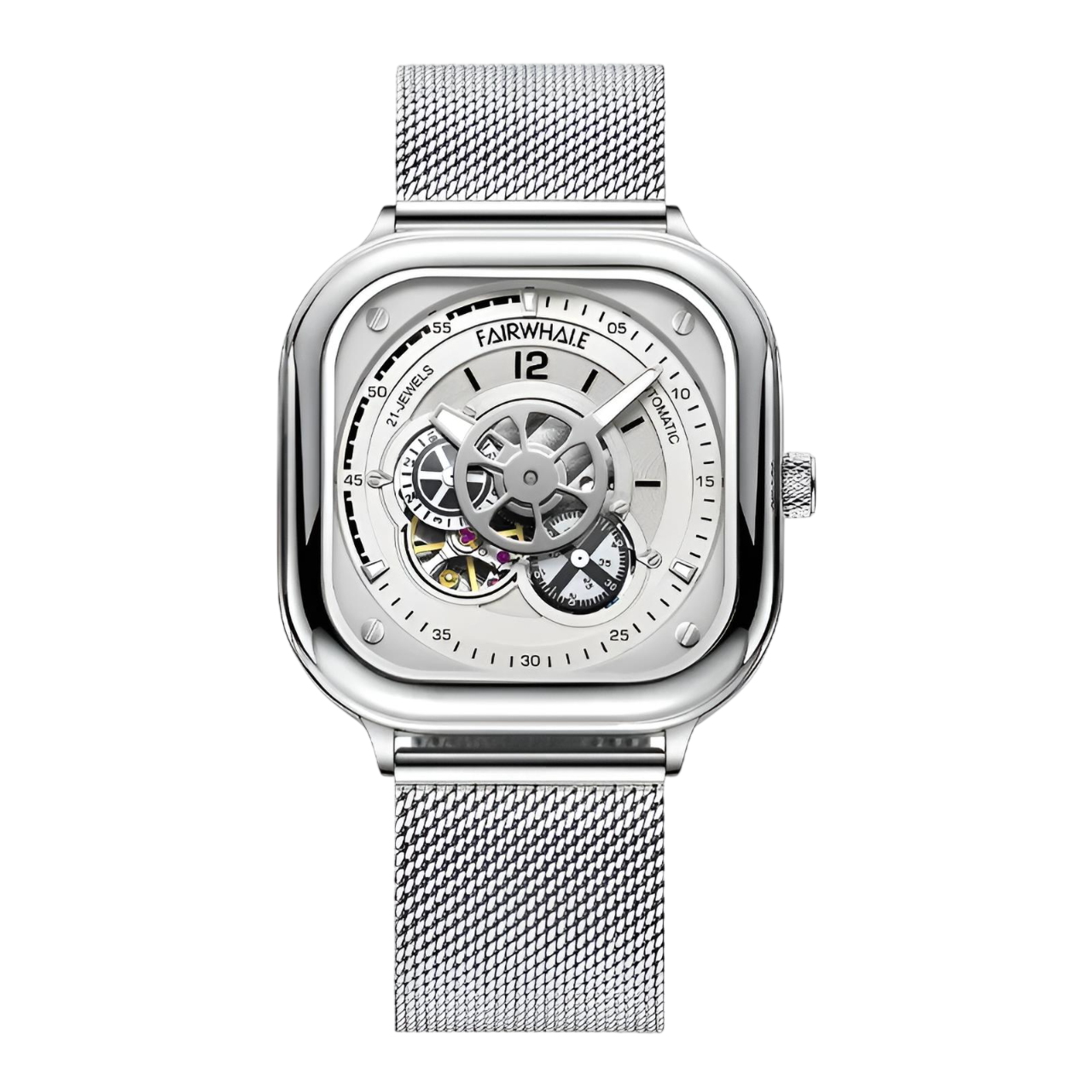Silver watch with mesh band on a white background