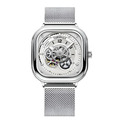 Silver watch with mesh band on a white background
