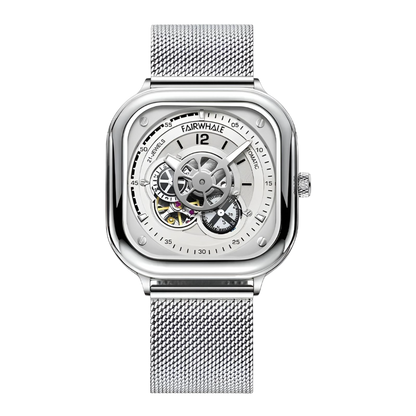 Silver watch with mesh band on a white background