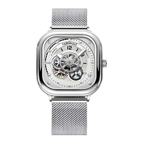 Silver watch with mesh band on a white background