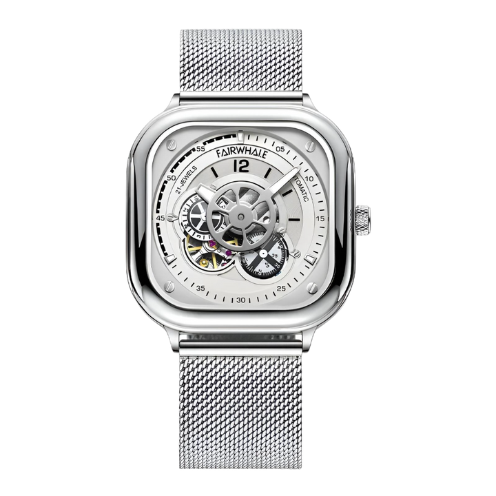 Silver watch with mesh band on a white background