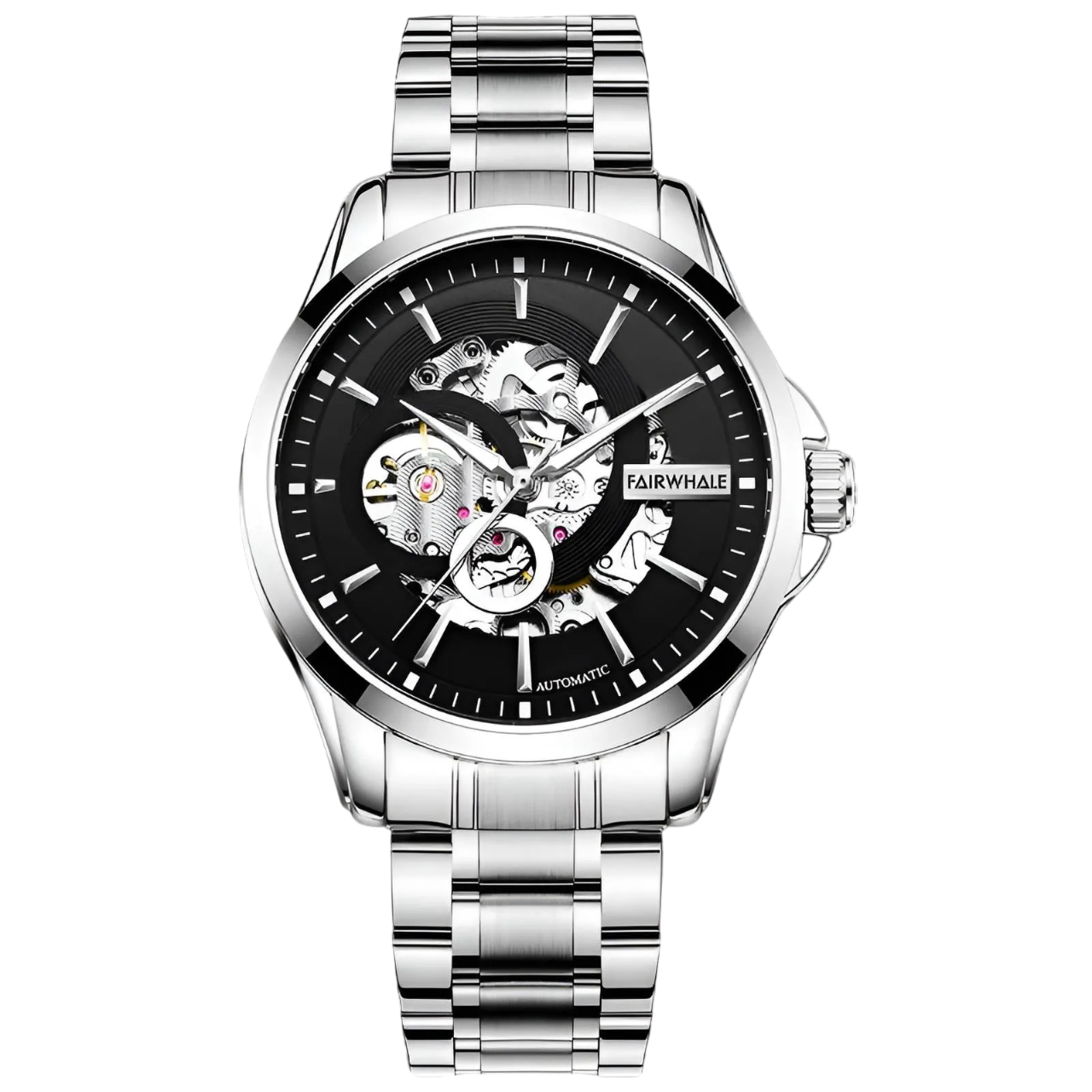 Silver wristwatch with black dial on a white background