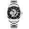 Silver wristwatch with black dial on a white background