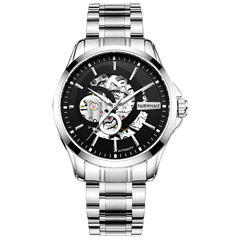 Silver wristwatch with black dial on a white background