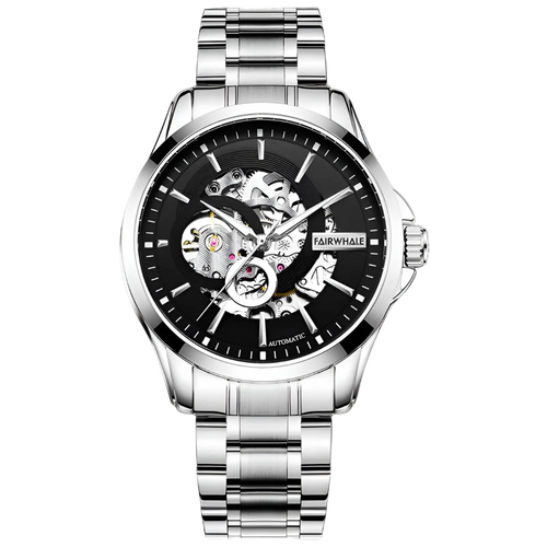 Silver wristwatch with black dial on a white background