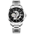 Silver wristwatch with black dial on a white background