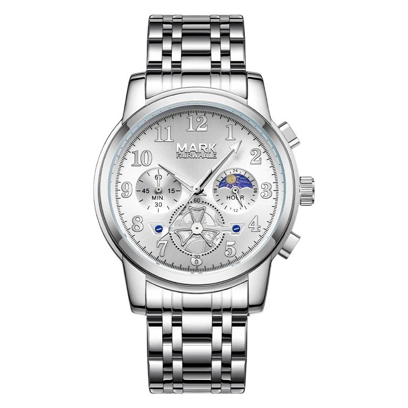 Silver wristwatch with detailed face on a white background