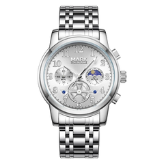 Silver wristwatch with detailed face on a white background
