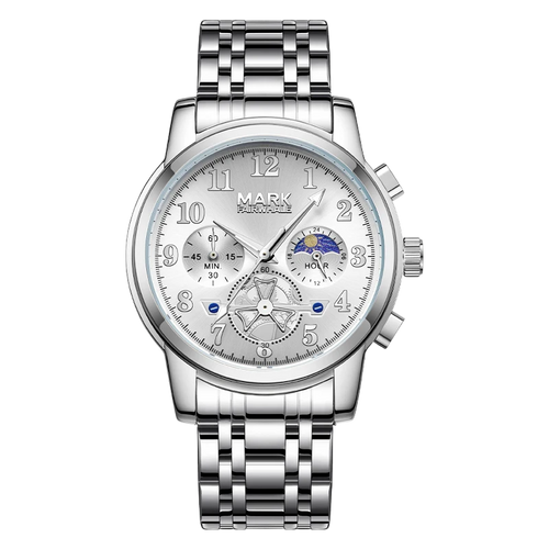 Silver wristwatch with detailed face on a white background