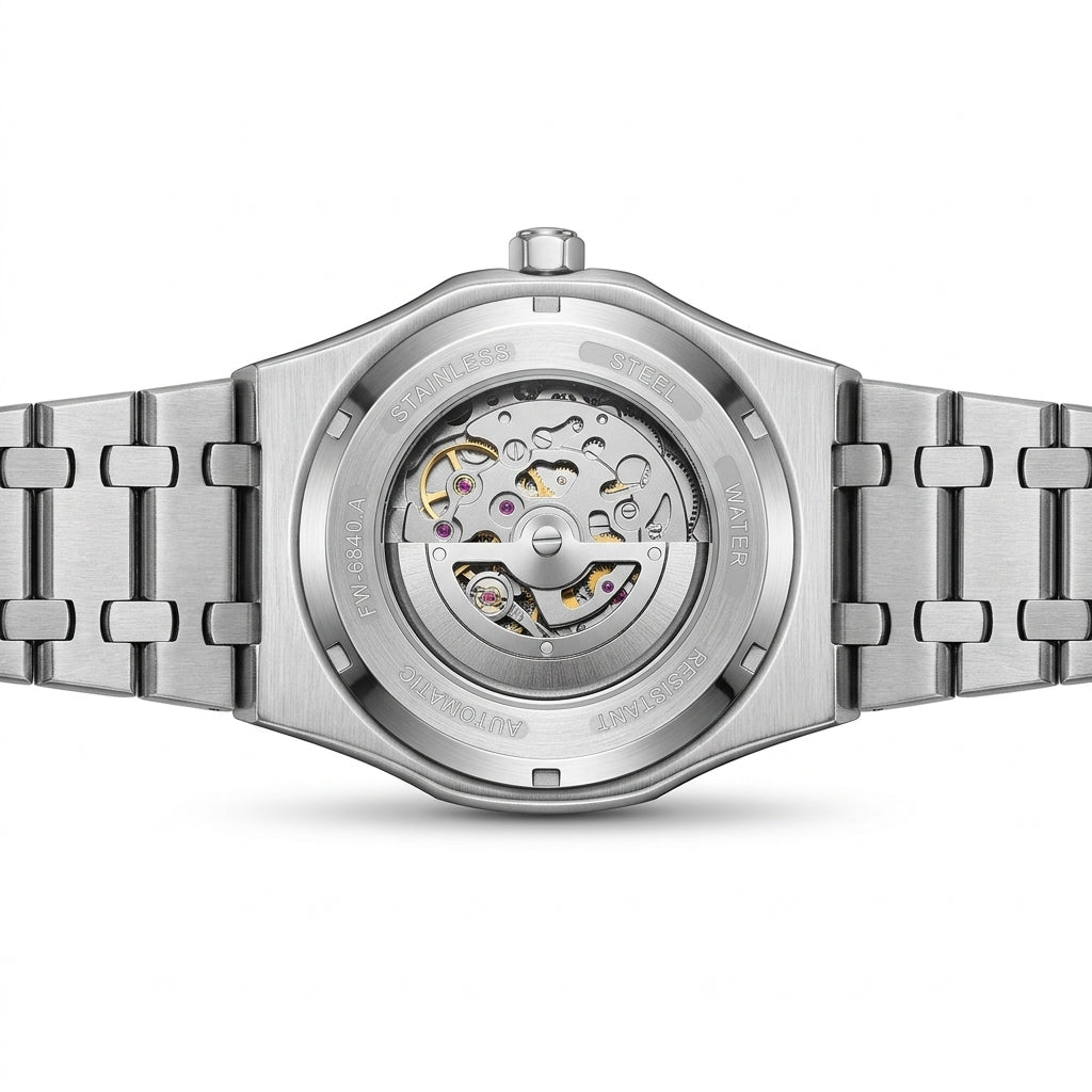 Silver watch with visible mechanical components on a white background