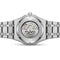 Silver watch with visible mechanical components on a white background
