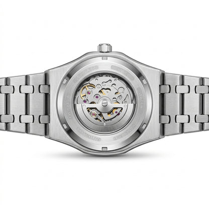 Silver watch with visible mechanical components on a white background