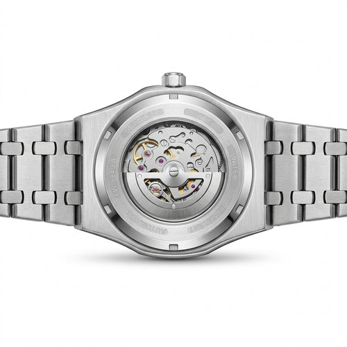 Silver watch with visible mechanical components on a white background