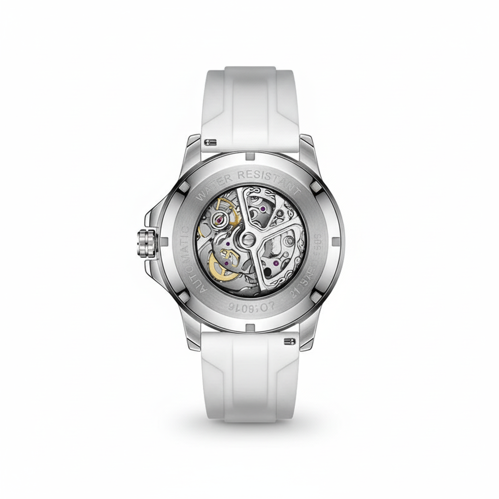Silver watch with visible mechanical components on a white background
