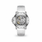 Silver watch with visible mechanical components on a white background