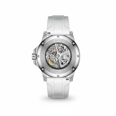 Silver watch with visible mechanical components on a white background