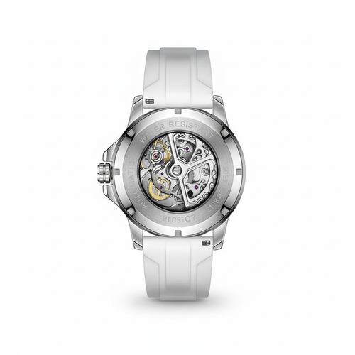 Silver watch with visible mechanical components on a white background