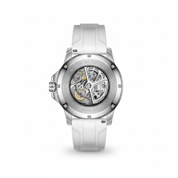Silver watch with visible mechanical components on a white background