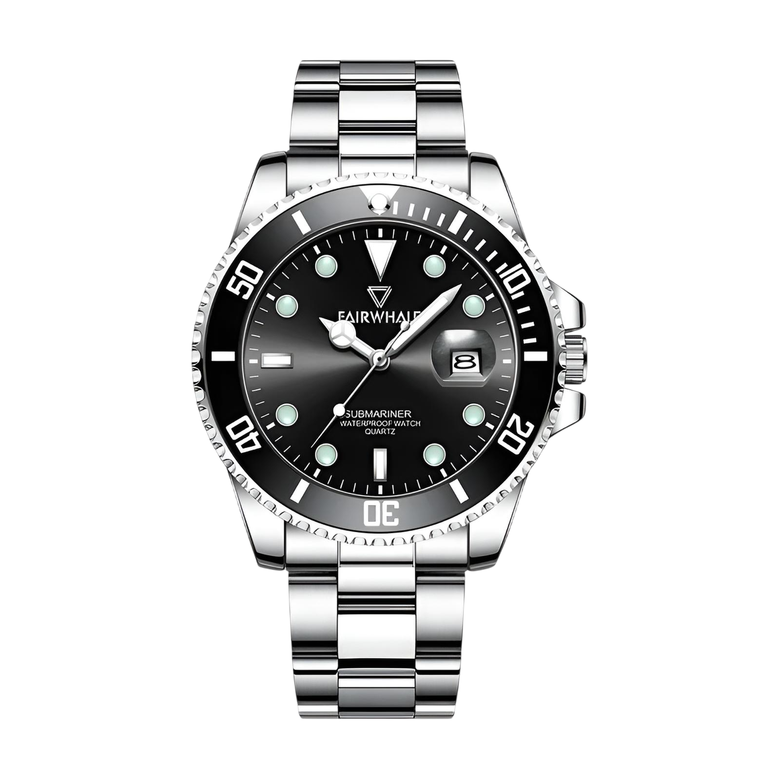 Silver wristwatch with black dial on a white background