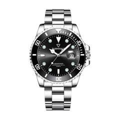 Silver wristwatch with black dial on a white background