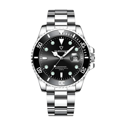 Silver wristwatch with black dial on a white background