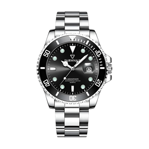 Silver wristwatch with black dial on a white background