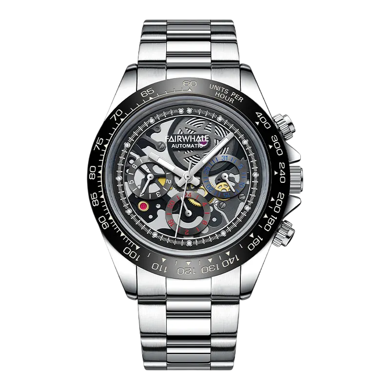 Silver wristwatch with black dial on a white background