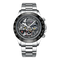 Silver wristwatch with black dial on a white background