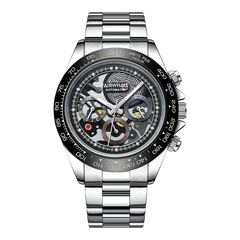Silver wristwatch with black dial on a white background
