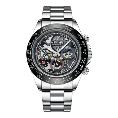 Silver wristwatch with black dial on a white background