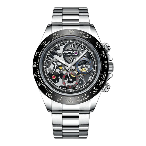 Silver wristwatch with black dial on a white background